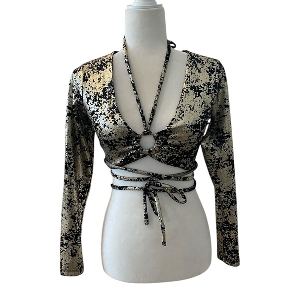 Meraki Womens Metallic Velvet Long Sleeve Cropped Top Size XS Clubbing Party - Picture 1 of 8